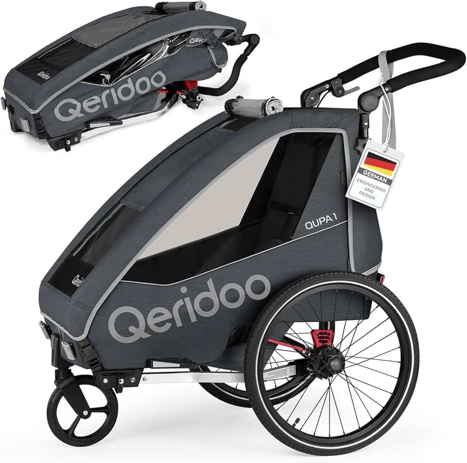 Rimorchi per bicicletta marca QERIDOO. Modello Kinderfahrradanhänger & Buggy QUPA 1 für 1 Kind mit Kupplung, Blattfeder-Dämpfsystem (bis 50 kg) - Grigio