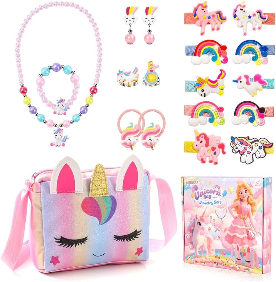 KDISHKRA Set di 20 Gioielli per Unicorno Borsetta Bambina, Girls Princess Borse con Accessori per Capelli,Mollette per Capelli,Collana,Bracciale,Anello,Orecchini, Regali di Compleanno 3-9 Anni