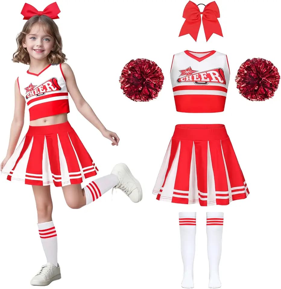 Wuzfully Costume da cheerleader per bambine con pompon e fascia per capelli Uniforme da cheerleader Carnevale Compleanno Halloween Cosplay Feste, 3-15 anni