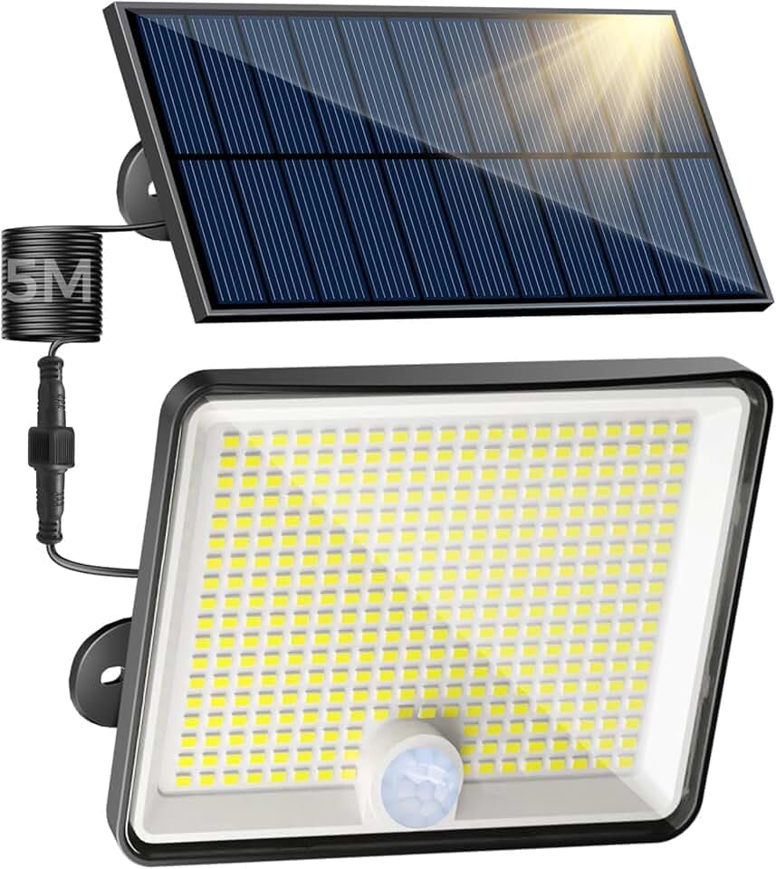Peasur Luce Solare Led Esterno, 348LED Faretti Solari con Sensore di Movimento, IP65 Impermeabile Faro con Pannello Solare 3 Modes per Giardino Garage