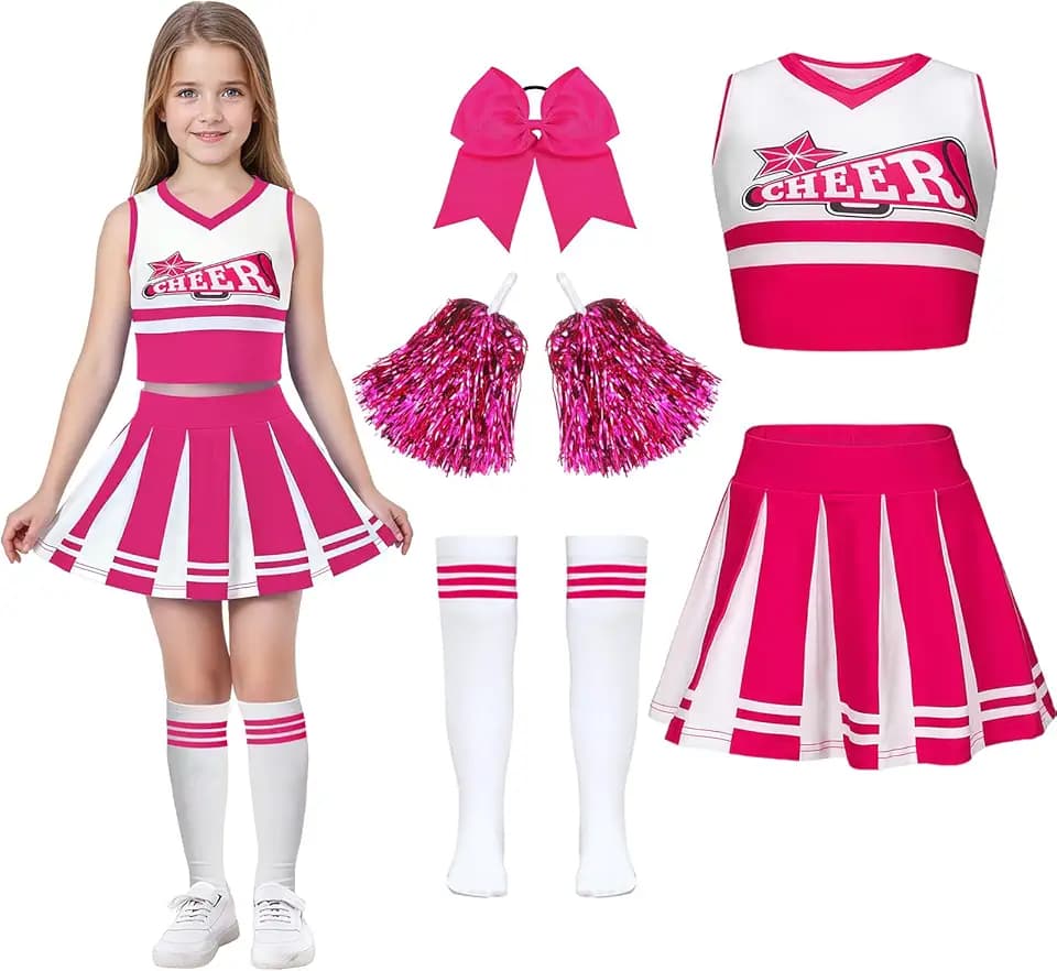 Luckyou Vestito Cheerleader Bambina Costume da Cheerleader Ragazze con Pompoms Calze Vestito Carnevale Bambina per Halloween Giornata Sportiva