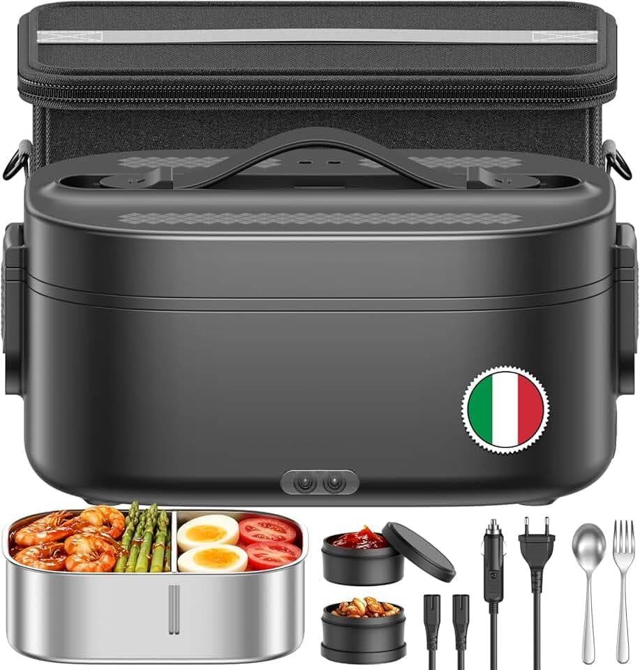Scaldavivande Elettrico, 1.5 L 3 In 1 Scalda Vivande Portatile Elettrico, 80 W Porta Pranzo Termico con Borsa Termica, 12 V/24 V/220 V Lunch Box Termico per Auto Camion e Ufficio, Nero