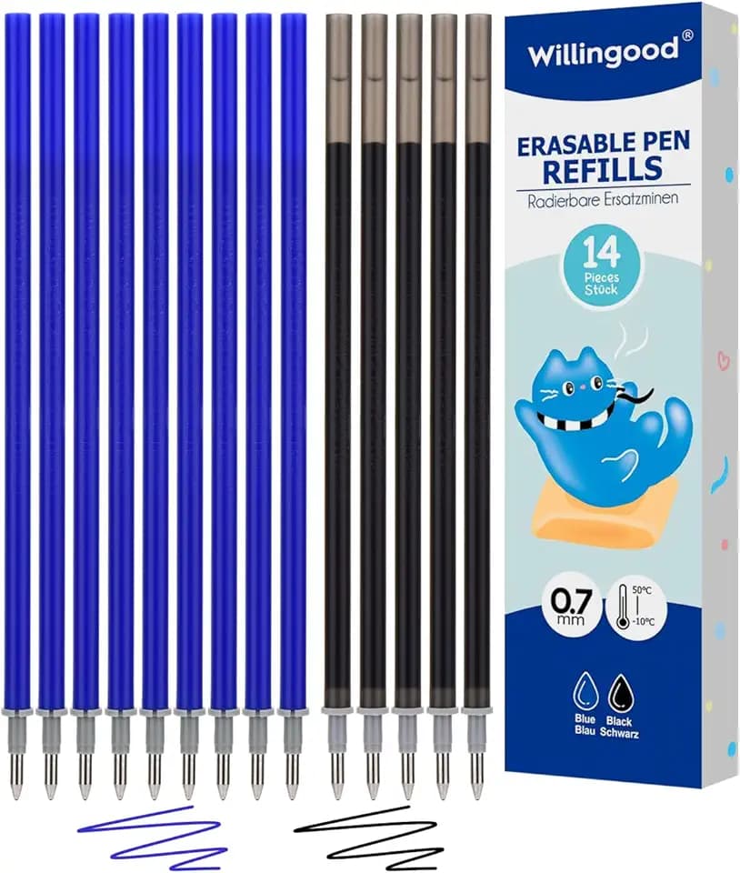 Refill per Penna Gel Cancellabile,compatibili con Legami [9 blu e 5 nero, confezione da 14 pezzi] Altezza 13 cm, Inchiostro Termosensibile, Punta 0,7 mm, Particolarmente adatto per la scuola