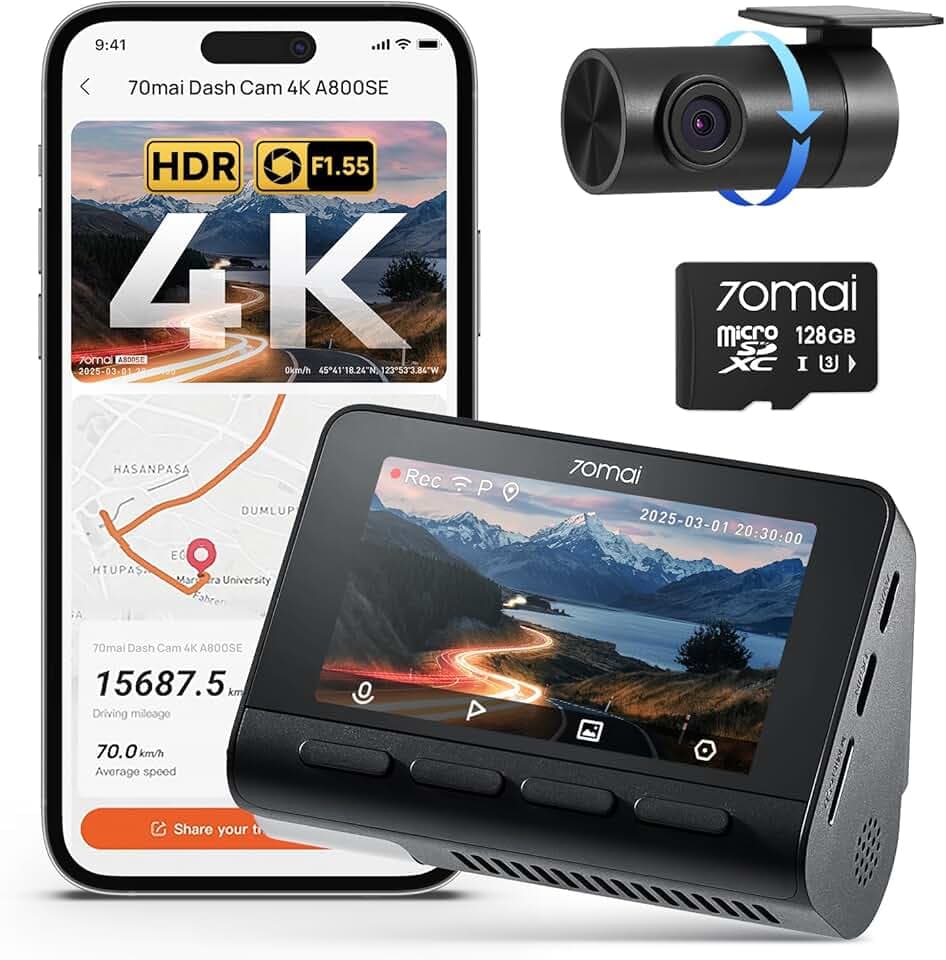 70mai A800SE Dashcam 4K+1080P GPS WiFi, Doppia Telecamera Auto Fronte/Retro con SD 128GB, F1.55, HDR, Visione Notturna, ADAS, Schermo 3", Parcheggio 24/7, Supporta fino a 512GB