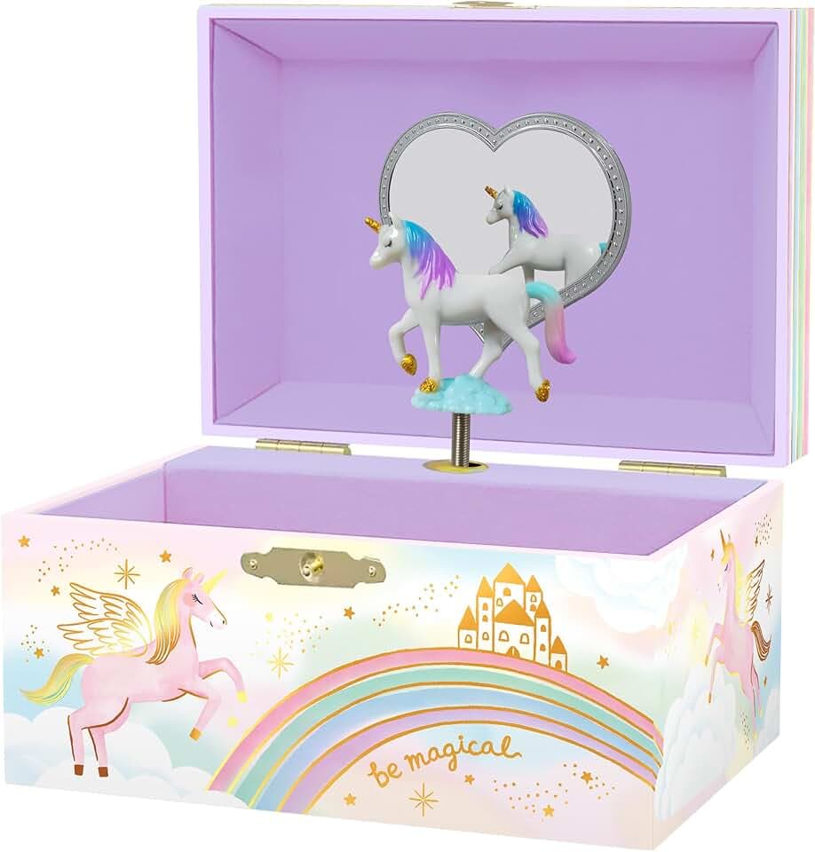 Giggle & Honey Giggle & Honey® Portagioie Carillon per Bambine - Scatola Musicale per Bambini con Unicorno che Gira e Specchio, Regali per Bambine da 3 a 10 anni, Scatole Portagioie per Bambini