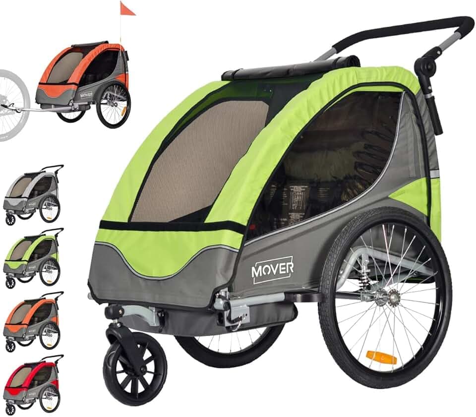 PAPILIOSHOP MOVER Rimorchio Bici per Bambini Passeggino. Anti Rovesciamento Barriera di protezione per le ruote finestre in PVC. 2 posti cintura di sicurezza a 5 punti porta oggetti sedile imbottito