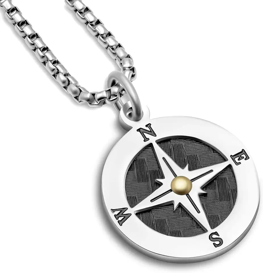 SAGA GIOIELLI Collana Uomo Rosa Dei Venti Acciaio Punto Dorato Festa Del Papà Cofezione Regalo