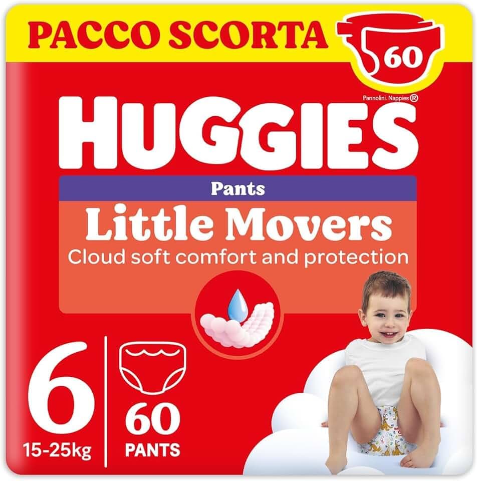Huggies Little Movers Pannolini Mutandina Taglia 6 (15-25 Kg), Ultra assorbente, Protezione completa, 60 Pz