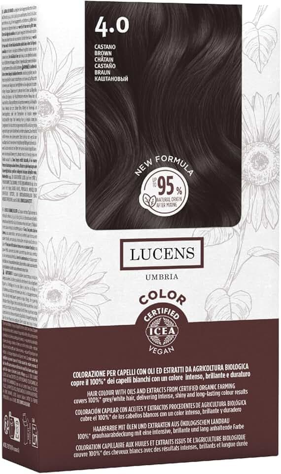 Lucens Umbria - 4.0 Castano, Tinta per Capelli Senza Ammoniaca, Kit Colorazione Permanente Vegan con Estratti Naturali, Azione Lenitiva, Idratante e Protettiva