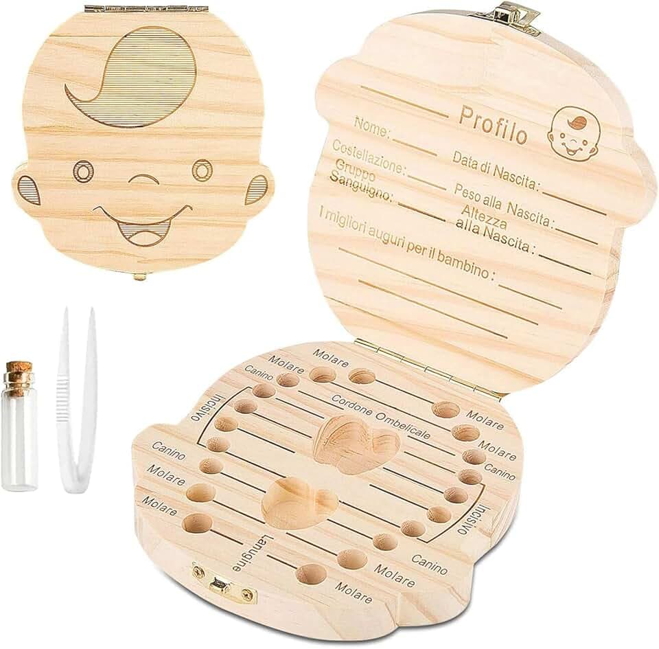 GeekerChip Scatola per Denti da Latte[Ragazzi],Realizzata a Mano in Legno Durevole Denti Box Decidui Salva Ricordi di Ragazzi[Versione Italiana]