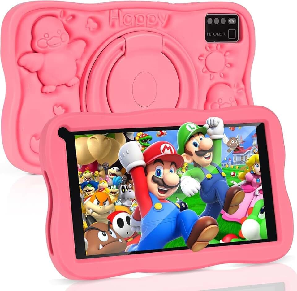 Tablet Bambini 7 Pollici con Controllo Parentale, Android 13 Tablette, 8 GB RAM 64GB ROM (256 GB Estensione) Bluetooth, WiFi,Tablet per Bambini con Custodia(Rosa)