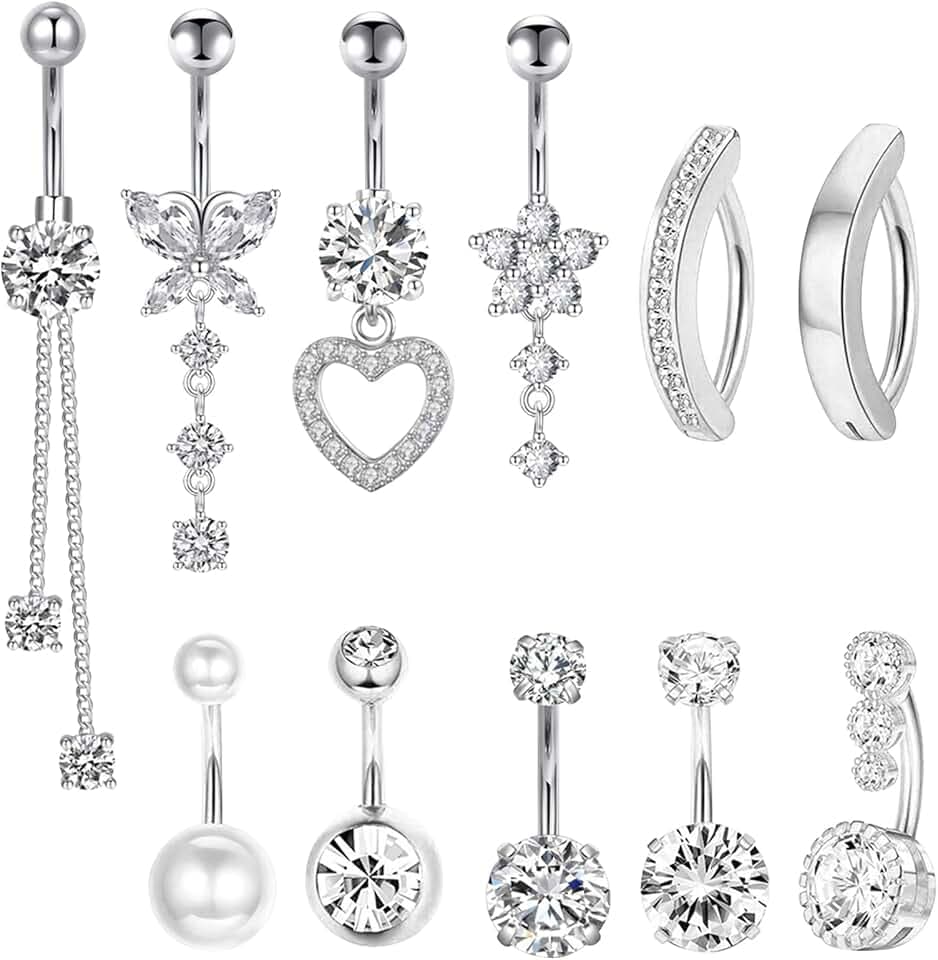 TYXHXTF 11 Pcs Piercing Ombelico per Donna, Perla Clicker Barbell Piercing Ombelico Anello Set, Cuore Farfalla Gioielli Diamante Lungo Barbell Set Per Le Donne
