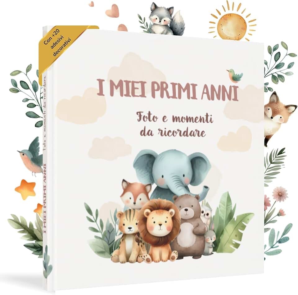 Album Nascita Bambina e Bambino per Incollare Foto e Scritte con +50 Pagine e Adesivi, Album Fotografico Neonato per il Primo Anno fino a 5 Anni, Ideale per Regalo Nascita (Amici, Italiano)