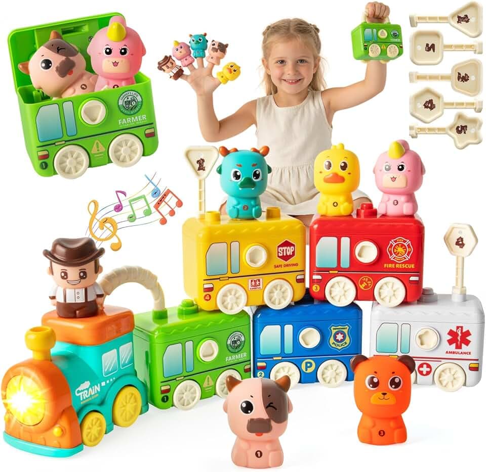 Giochi Montessori 2 Anni Treno Giocattolo Fattoria Animali Bambini,Giocattolo Educativo con Mangiafavoledi per Contare,Impilare,Abbinare e Ordinare Regalo per Bambini di 2, 3 e 4 Anni