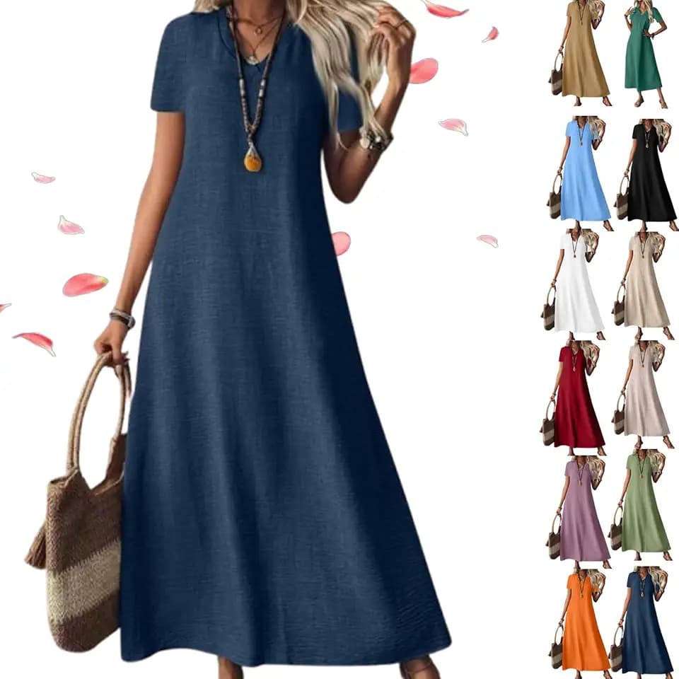 Generico Linen Dress Women Sleeveless V Neck Tunic Boho Maxi Dress, Casual Summer Modest Long Flowy Beach Vacation Sun Dresses