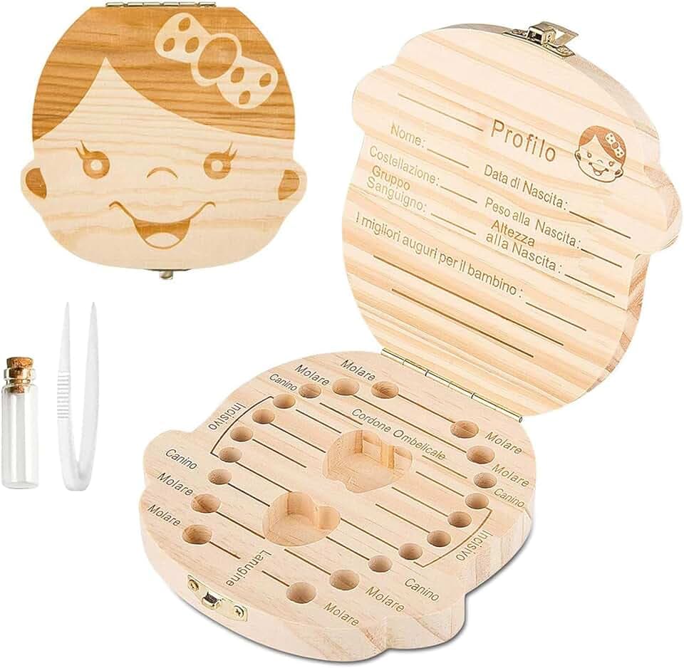 GeekerChip Scatola per Denti da Latte[Ragazza],Realizzata a Mano in Legno Durevole Denti Box Decidui Salva Ricordi di Ragazza[Versione Italiana]