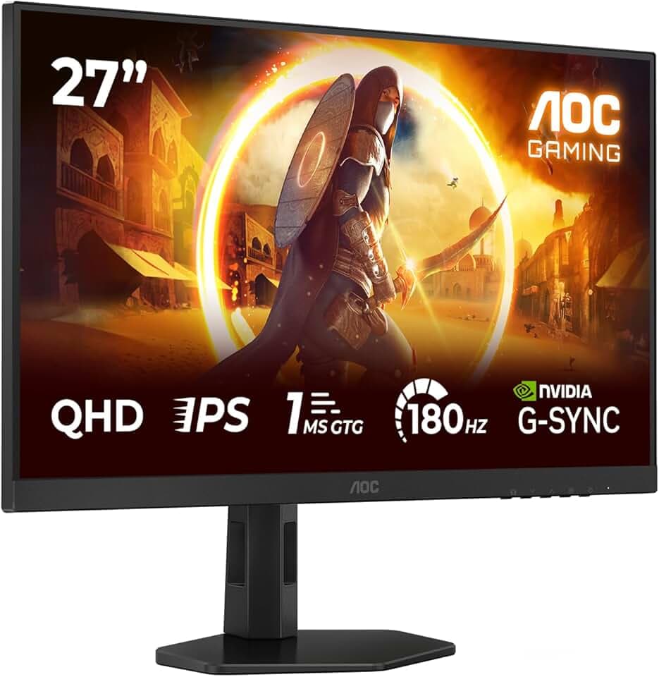 AOC Gaming Monitor Q27G4XD 27 pollici, 2560x1440, WQHD, 180Hz, Fast IPS Panel, 0.5ms MPRT, Height Adjustment, (HDMI2x 2.0 DP 1x 1.4) Adaptive Sync, HDR400, G-Sync Compatible, Nero