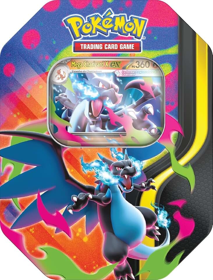Pokémon: scatola da collezione Mega Charizard/Mega Charizard X-ex del GCC Pokémon (quattro buste di espansione e una carta promozionale olografica), Edizione in Italiano