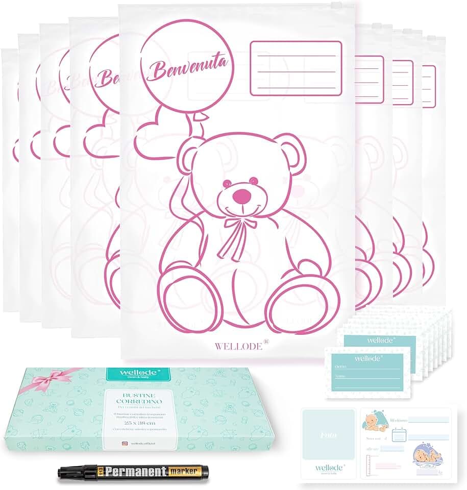 Wellode® 8 Bustine Corredino Neonato Ospedale Teddy Bear con Pennarello - Sacchetti Cambio Neonato Riutilizzabili per Asilo e Viaggi - Idea Regalo Nascita Baby Shower e Lista Nascita Bebè