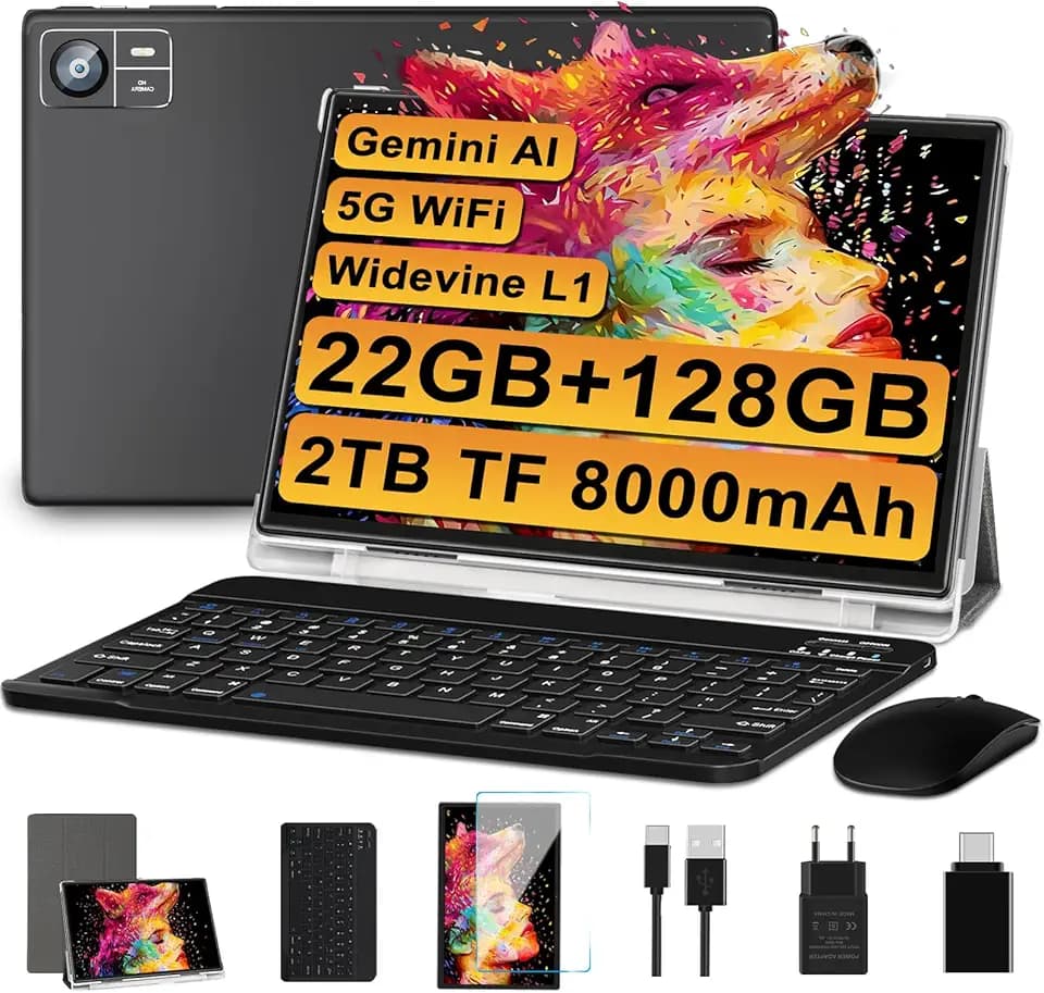 Tablet Android 22GB RAM+128GB ROM(2TB TF),tablets10 Pollici, 8000 mAH,Octa-Core T606,2.0Ghz, WiFi5G+2.4G, GPS, 8MP + 5MP, Bluetooth 5.0, Cast, Tablet PC con Custodia, Tastiera e Mouse, Nero