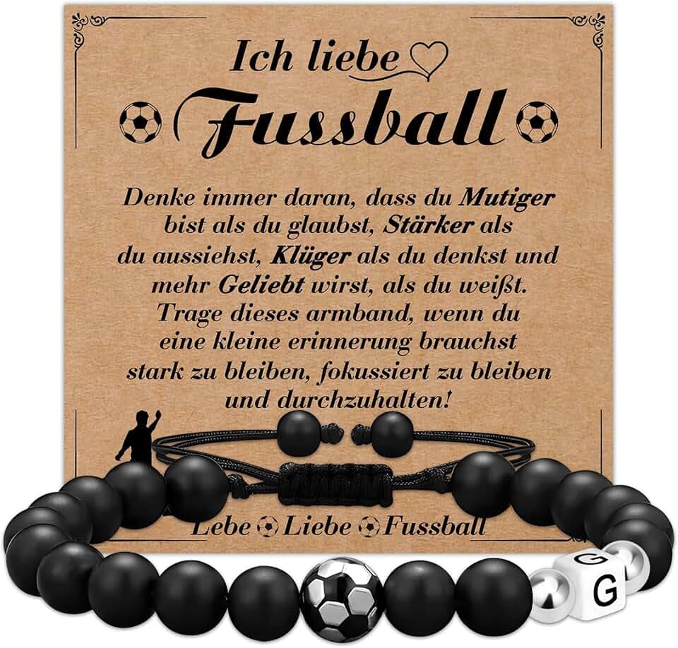 Casxyue Braccialetto da calcio per ragazzi con lettera iniziale, ciondolo per tifosi di calcio, in pietra naturale, per figlio, fratello, regalo di compleanno, regalo di Natale per ragazzi