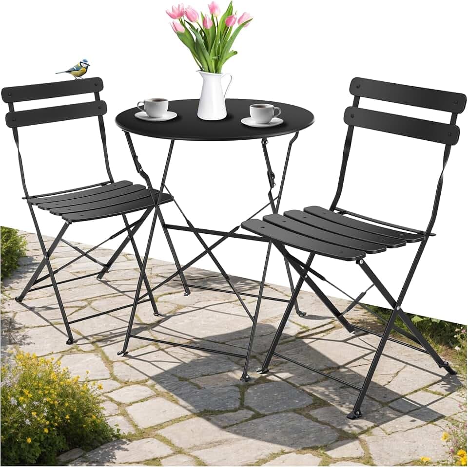 tectake® Set Bistrot Pieghevole Per 2 Persone con Telaio in Acciaio, Set Tavolo e Sedie Da Giardino, Tavolo con Sedie per Balcone e Terrazzo, Salottino da Esterno Design Elegante - Nero