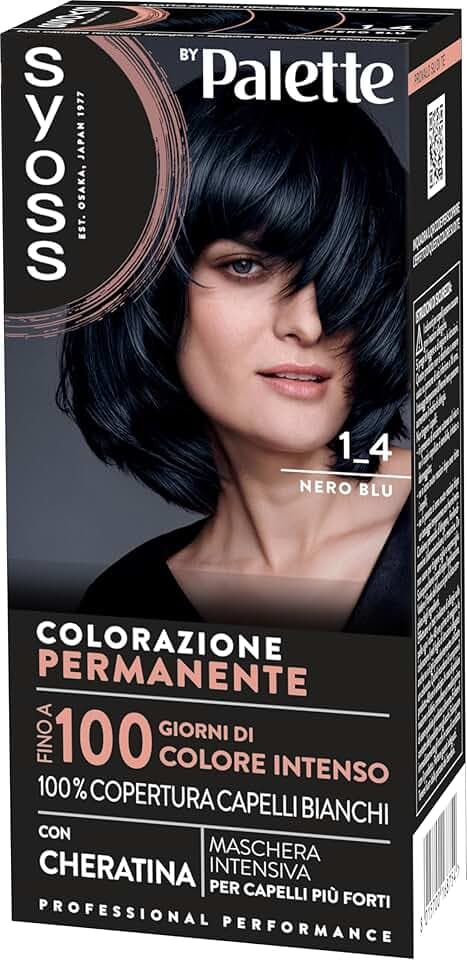 Syoss by Palette Colorazione Permanente 1-4 Nero Blu, Colorazione capelli permanente con Cheratina, Tinta capelli nero blu per 100% copertura dei capelli bianchi e fino a 100 giorni di colore intenso