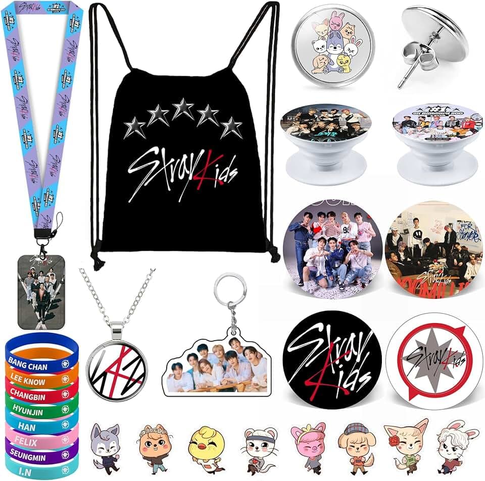ZHENGGE Stray Kids - Regali per bambini, con borsa, collana, orecchini, bracciali, spille, cordino identificativo, portachiavi, anello per telefono, distintivo