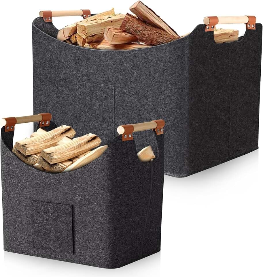 Cesto Porta Legna 2 Pezzi 67L & 96L – Cesto in Feltro con Manici, 50×32×40 cm & 60×40×40 cm, Borsa Pieghevole per Camino, Legna, Giochi e Coperta