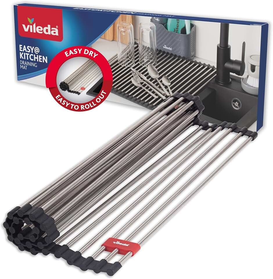 Vileda Scolapiatti per Lavelli 45x40cm in Acciaio Inox e TPE - 24 Barre, arrotolabile - Scolapiatti e Coprilavello - Scolapiatti Pieghevole - Griglia per Lavandino Cucina - Accessori per Lavello