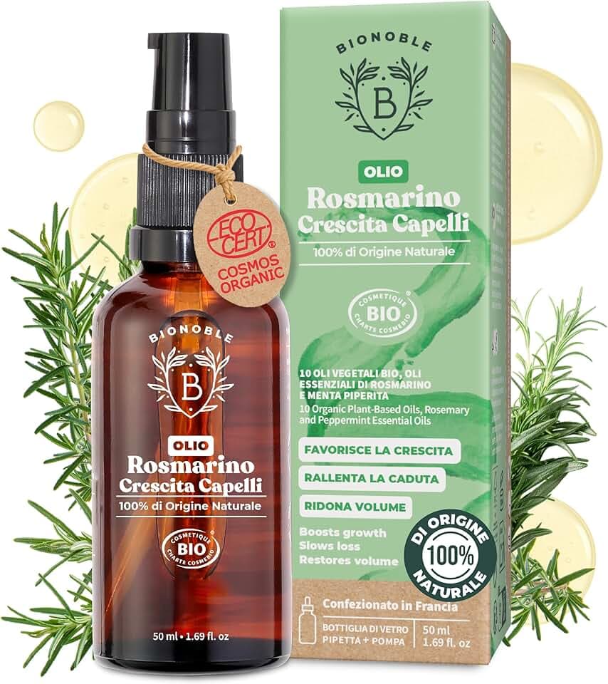 BIONOBLE Olio di Rosmarino per Capelli Bio - Stimola Crescita, Nutre il Cuoio Capelluto - Olio Capelli Rosmarino, Ricino, Argan - Rosemary Oil for Hair Growth - Bottiglia di Vetro, Pipetta - 50ml COSMOS Organic di Ecocert