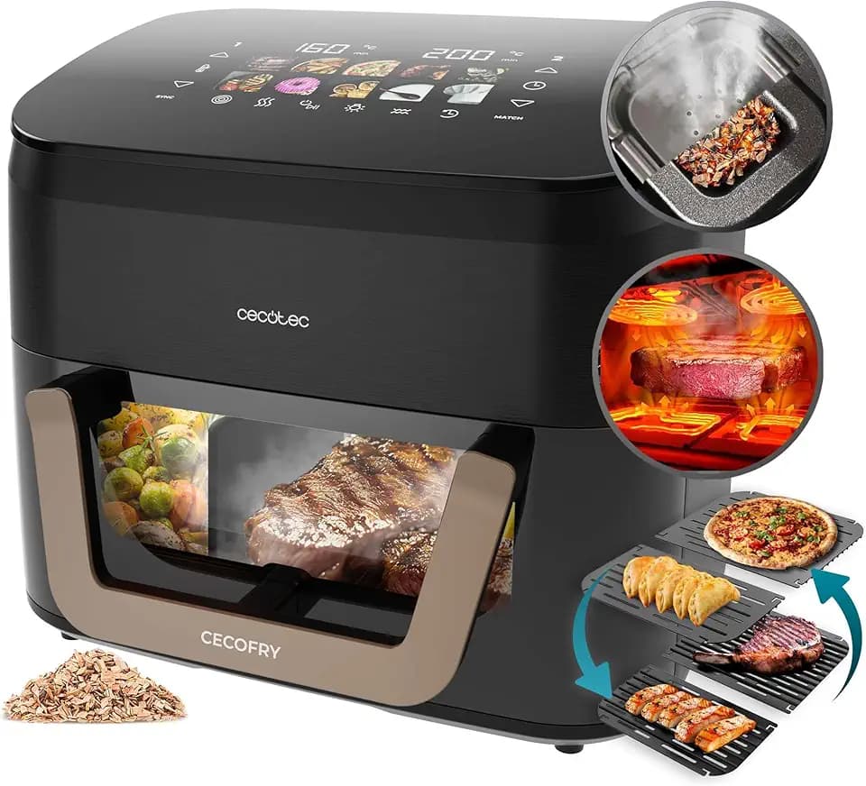 Cecotec Friggitrice ad Aria 10L - Air Fryer Cecofry&Grill Smokin' 11000. 2200W, 3in1 Friggitrice, Grill, Piastra. Affumicatore integrato, 10 Menù, Temp 40-200°C, Doppia temperatura, Cottura uniforme