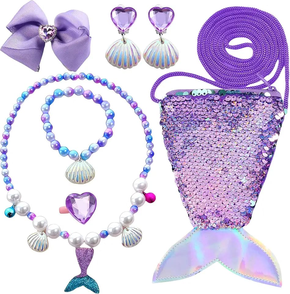 GWAWG Set di Gioielli per Bambini 7Pcs con Borsa a Tracolla a Forma di Coda con Borsa a Tracolla a Forma di Coda, Collare, Bracciale, Orecchini a Clip, Anello e Fermaglio per Capelli, Set di Gioielli