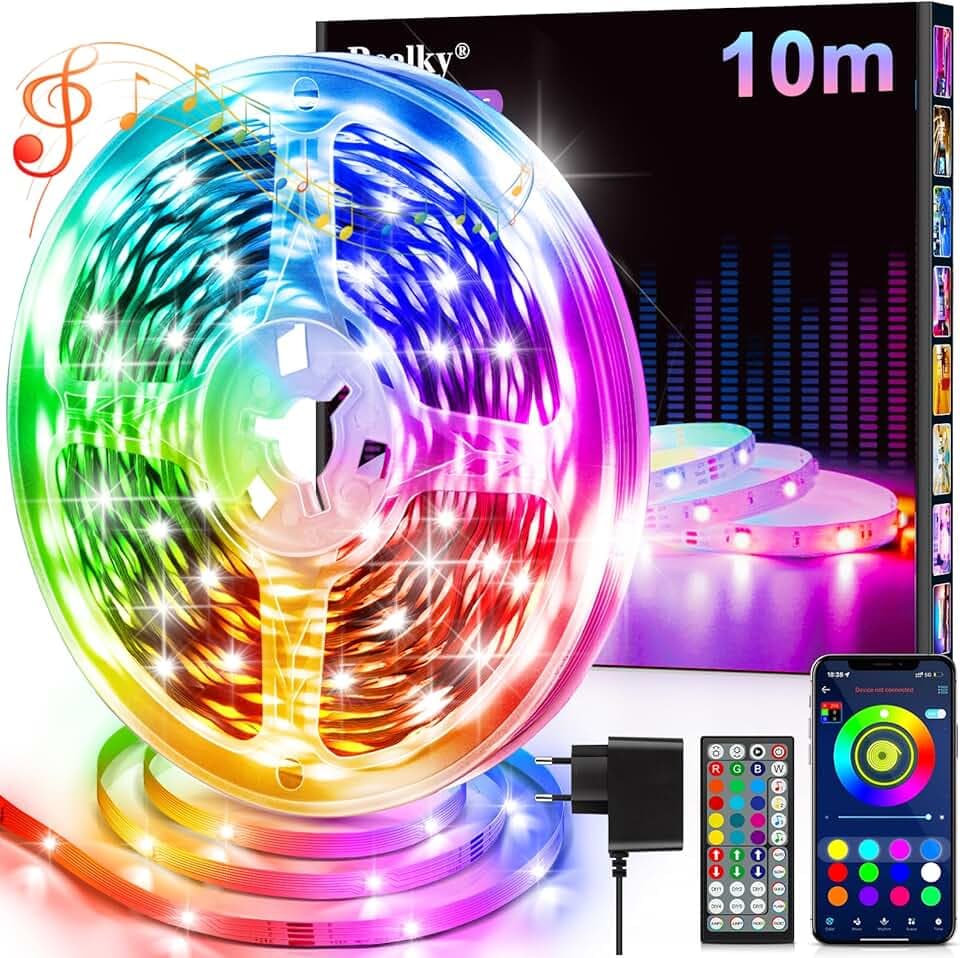 Striscia LED, 10 Metri Multicolor Luci Camera da Letto, Bluetooth APP Controllato RGB Strisce LED, Strip LED Fancy Led Musica Sincronizza per Decorare Bar, Festa, Cucina Casa, Gaming Room Etichetta Energetica