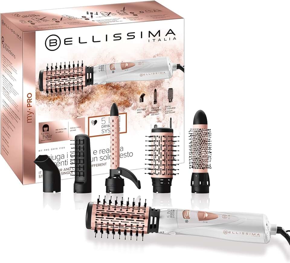 BELLISSIMA Imetec - Spazzola Ad Aria Calda 5 in 1 GH18 1100, Accessori per Styling Liscio, Onde, Ricci, Spazzole Rivestite in Ceramica