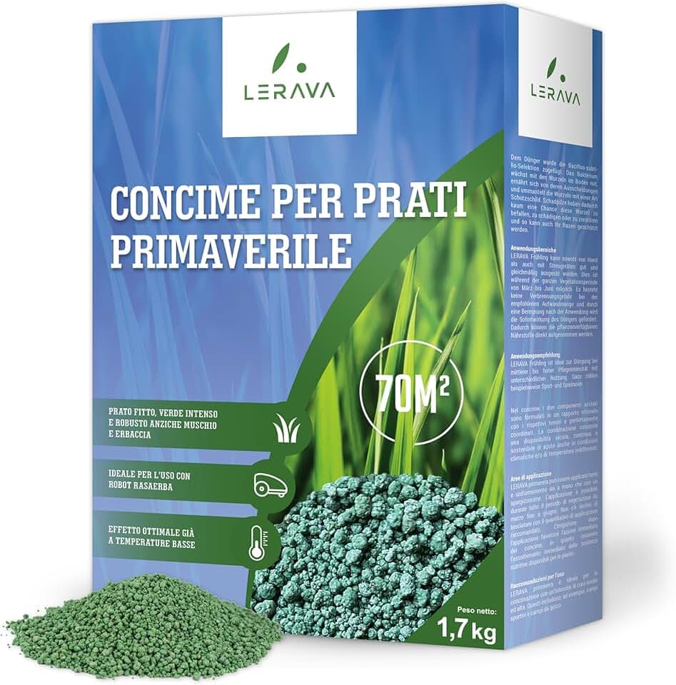 LERAVA Concime Prato Primavera (70m²) - Fertilizzante per Prato Verde e Rigoglioso - Concime Azotato Antimuschio a Lenta Cessione - Rigenerazione e Nutrizione del Tappeto Erboso per Tutta la Stagione