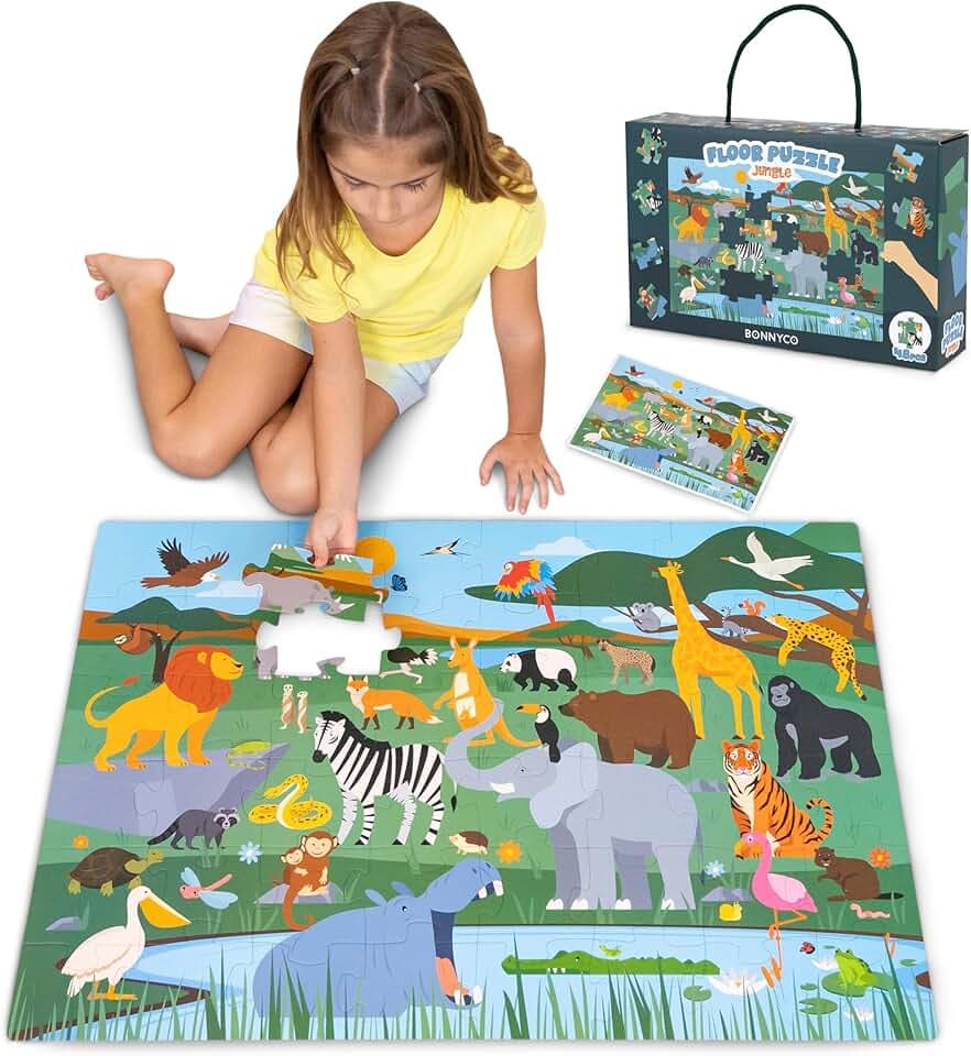 BONNYCO Puzzle Bambini XXL con Animali della Giungla 48 Pezzi Grandi. Puzzle Gigante Safari di 92 x 62 cm Giochi per Bambini. Regalo Bambino e Bambina Educativi 2-8 Anni