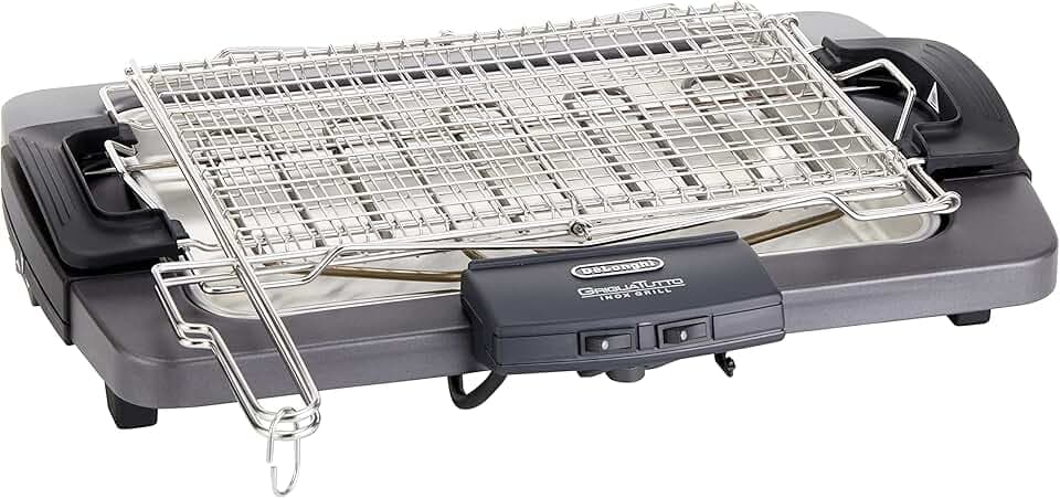 De'Longhi BQ80 Barbecue Grill Elettrico con Griglia e Bistecchiera, Doppia Griglia, Doppia rotazione, impugnatura termoisolante, interruttore di sicurezza, vassoio antigoccia, facile da pulire,Grigio