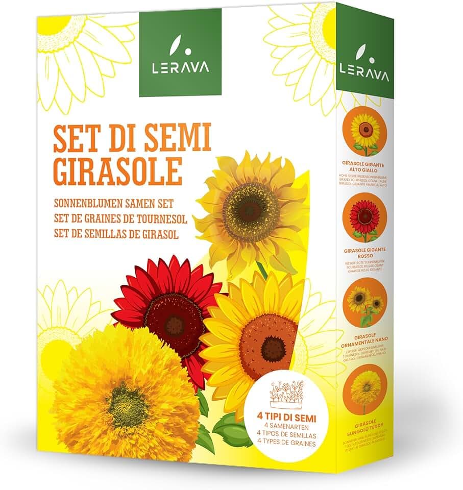 LERAVA® Semi Girasoli (4 varietà) - Girasole gigante rosso giallo nano Sungold - Facile coltivazione per giardino - Semi di girasole da piantare per fioriture ricche e colorate