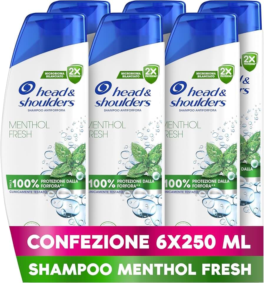 Head & Shoulders Menthol Fresh Shampoo Antiforfora 250ml Formato Convenienza X6, Uso Quotidiano. Fino al 100% Protezione dalla Forfora. Clinicamente Testato. Tutti i Tipi di Cute e Capelli