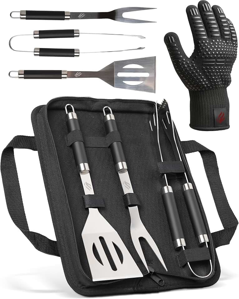 HORUS 23® - Set Accessori Barbecue Professionale con Borsa Porta Attrezzi Barbecue - 4 Accessori BBQ: Pinze, Spatola, Forchettone e Guanto Ignifugo