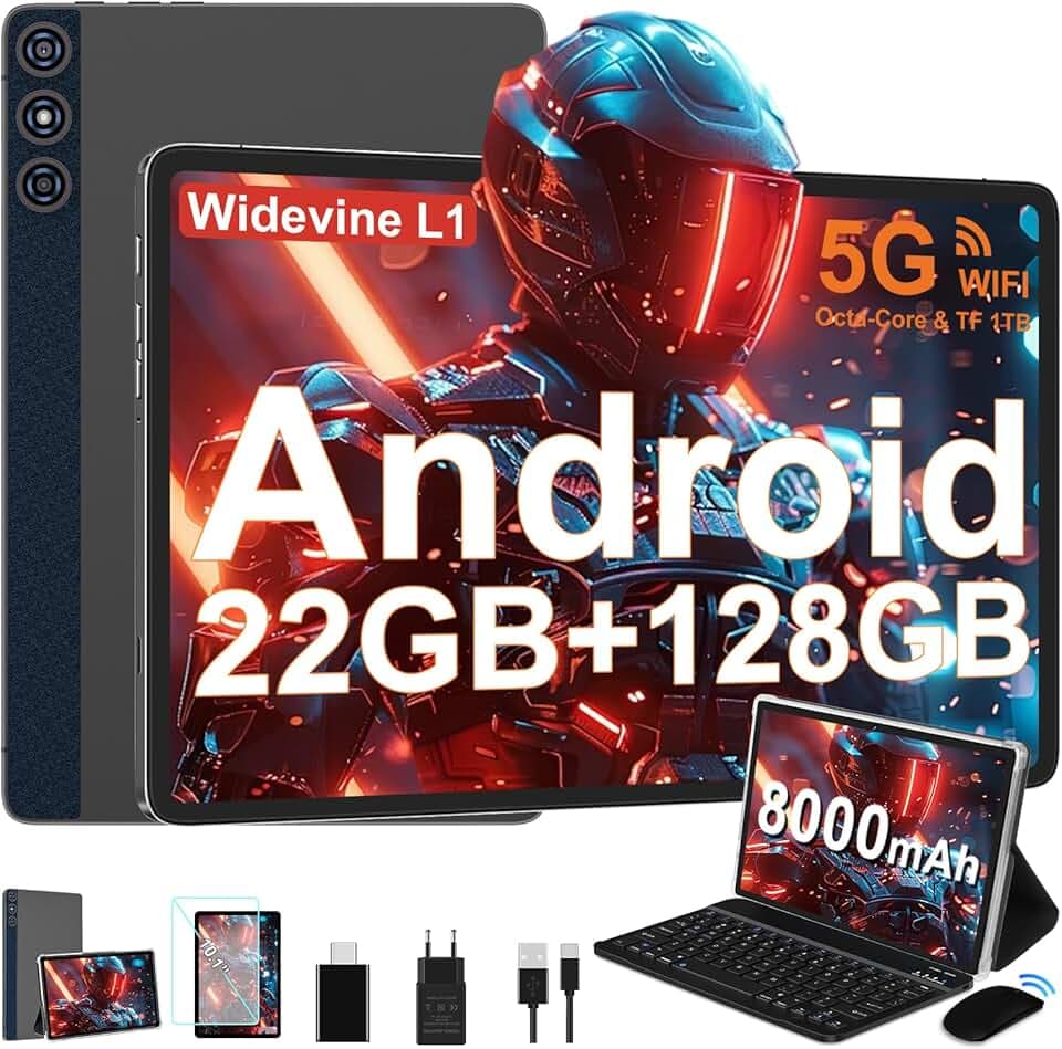 Tablet Android 14 con 22GB RAM+128GB ROM(1TB TF, Tablet 10 Pollici con Widevine L1, Octa-Core 2.0GHZ, 5G Wi-Fi, GPS, 8000mAh, 8MP+5MP, Bluetooth 5.0, USB-C,con Tastiera, Marrone