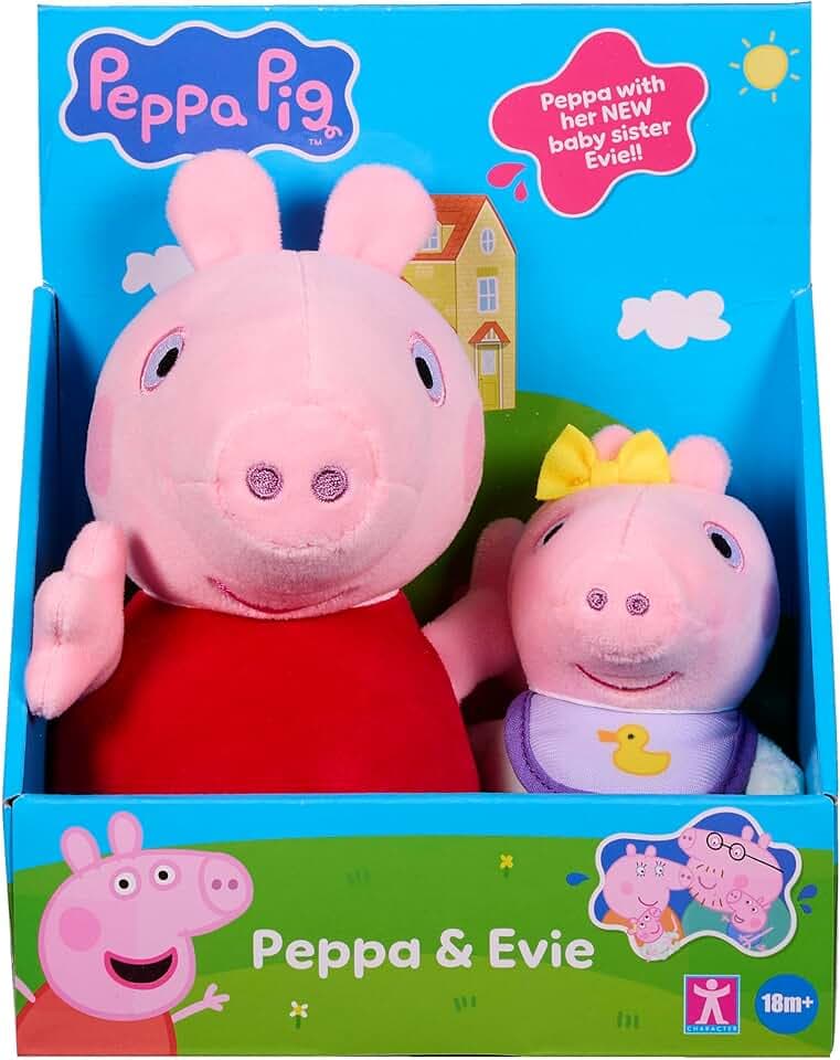Peppa Pig Set Peluche 2 Pezzi – Peppa & Baby Evie – Peluche Super Morbidi nello Stile Classico, Giocattolo dai 18 Mesi in su