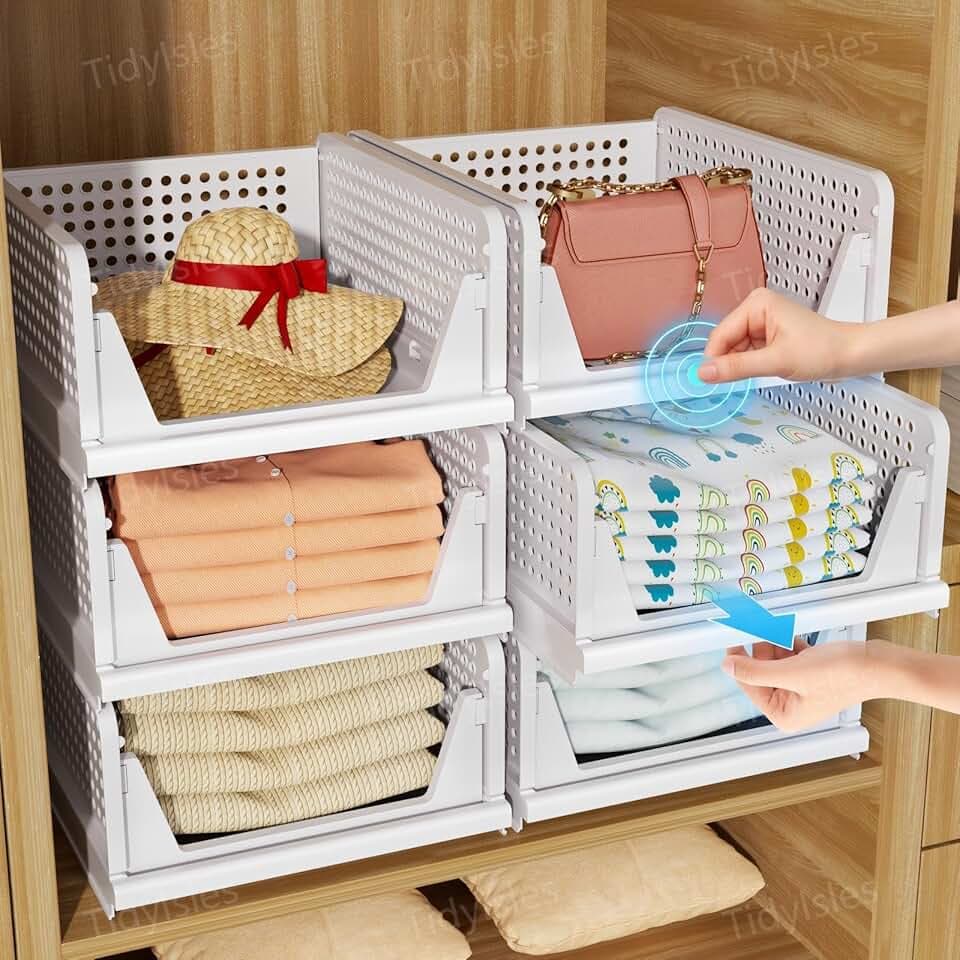 Wardrobe Storage Organiser - 4 Pack Folding Closet Organisers, Stackable Storage Boxes, Plastic Drawer Organiser Basket for Bedroom Kitchen Bathroom White