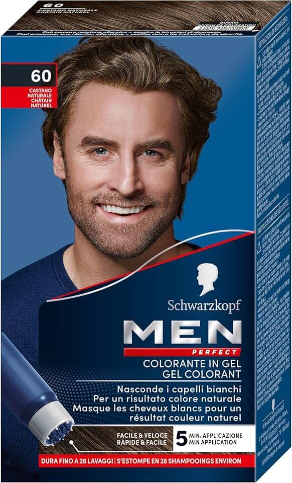 Schwarzkopf, Men Perfect, Tinta Colorante in Gel, Copertura dei Capelli Bianchi Effetto Naturale, Tonalità 60 Castano Naturale