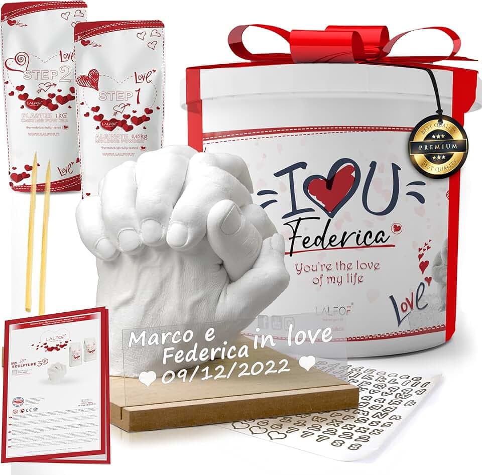 Lalfof® Calco Mani Coppia con NOMI. Regalo san valentino per lui, San Valentino per lei - Regalo coppia lui lei fidanzata fidanzato - Regali per lei - kit gesso per calco mani, regali personalizzati