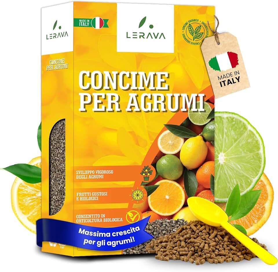 LERAVA Concime Agrumi Bio (800g) - Fertilizzante organico per agrumi vigorosi e saporiti - Con tappo dosatore - Ideale per limoni in vaso o in terra - 100% Made in Italy