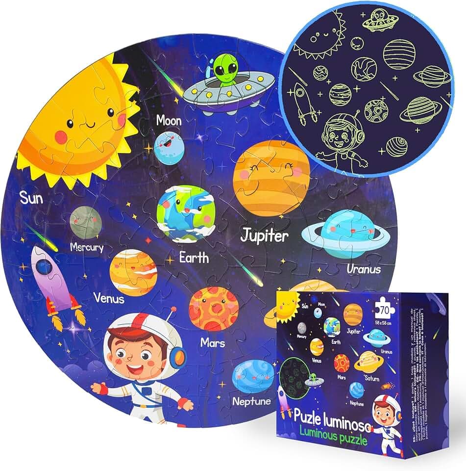 Puzzle Sistema Solare per Bambini (70 Pezzi) - Puzzle Bambini 3 a 8 Anni Educativi - Giochi bambini 3 a 8 Anni Montessori Brilla al Buio - Attività Spazio - Regalo Bambino 5 Anni e Bambina