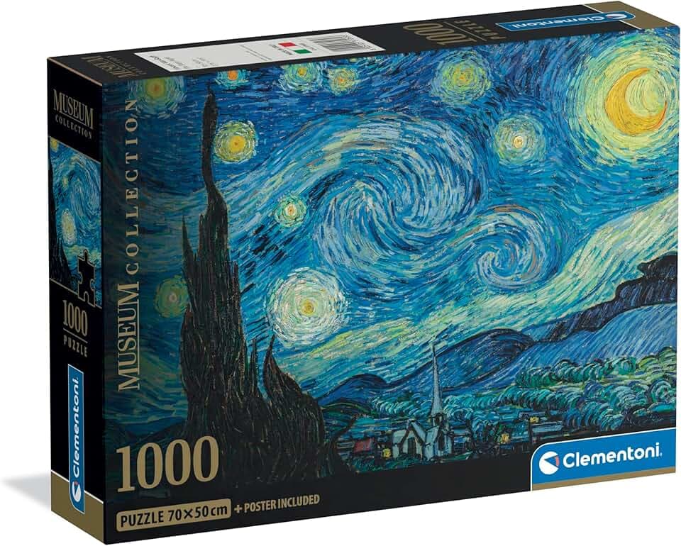 Clementoni - Puzzle Van Gogh 1000 Pezzi Arte per Adulti e Ragazzi, Museum Collection, Tema Notte Stellata, con Poster Incluso, Compact Box, Idea Regalo Uomo e Donna, Made in Italy, 70x50 cm, 37065