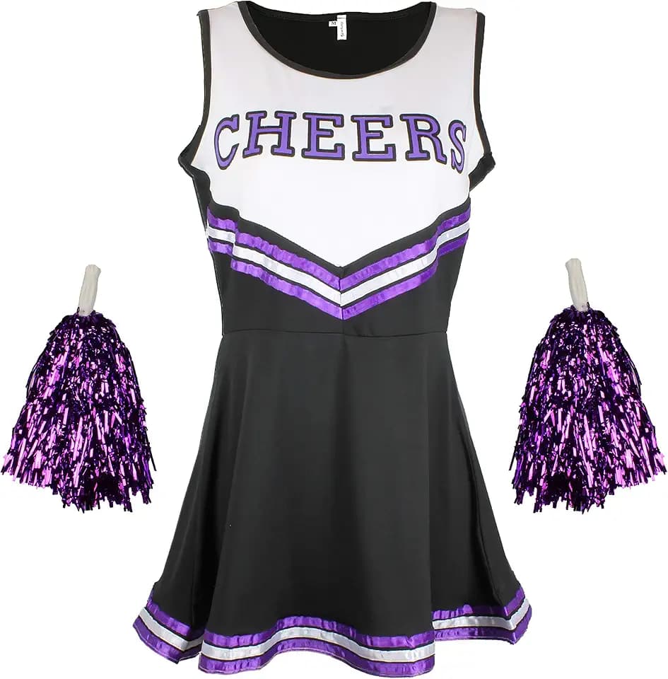 Cherry-on-Top Uniforme da cheerleader, con pompon, costume per musical a tema scuola superiore, 6 colori e 5 taglie disponibili